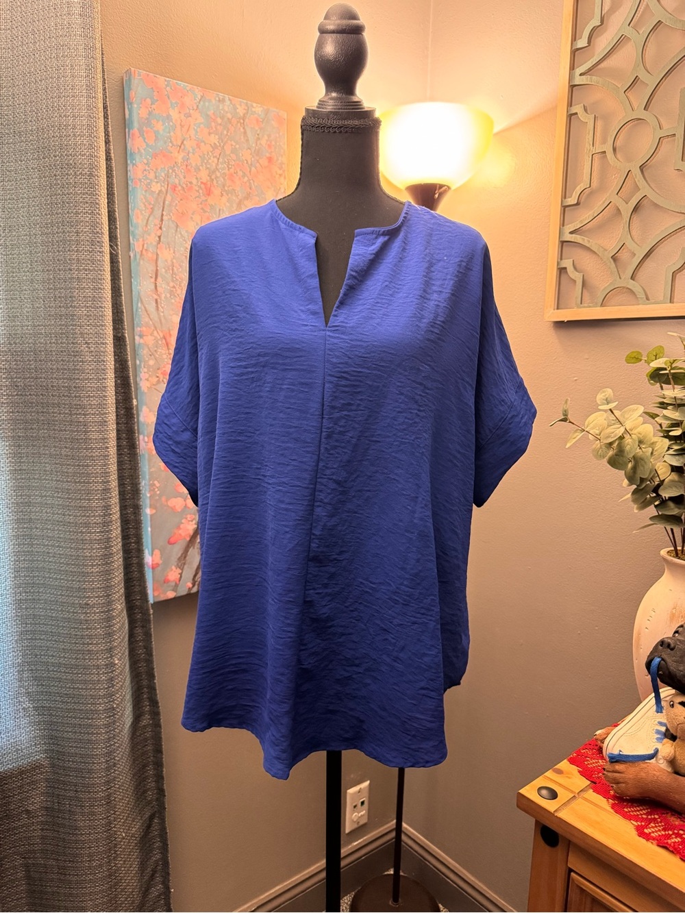 ChicSoul Split-Neck Blouse in Royal Blue